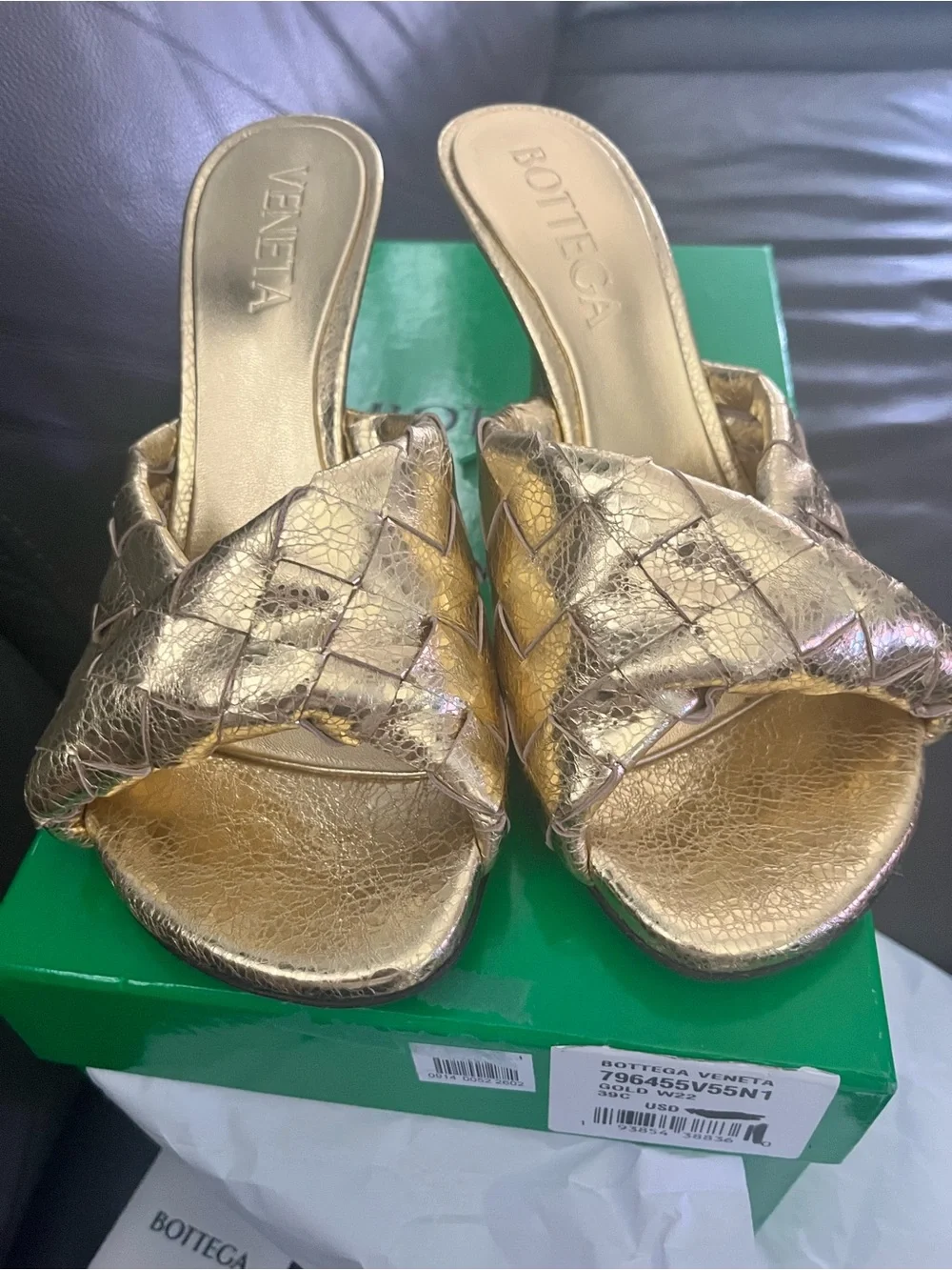 Bottega Veneta Metallic Gold Intrecciato Slide Mules